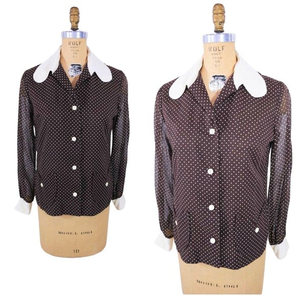 Vintage 1960s Brown Polka Dot Top Sheer Sleeve Blouse | B 39" - Picture 1 of 5